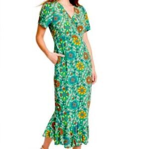 Rhode Green Zinnia Floral Print Short Sleeve Midi Dress Size 8